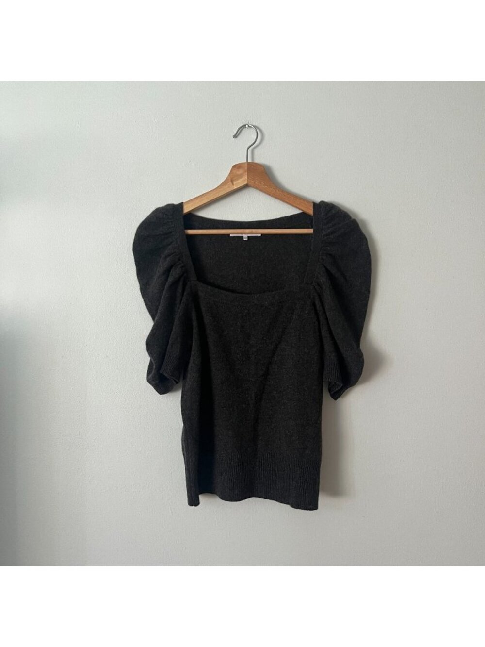 Frame Cashmere Ruched Sleeve Square Neck Sweater Charcoal Heather Women's Size M